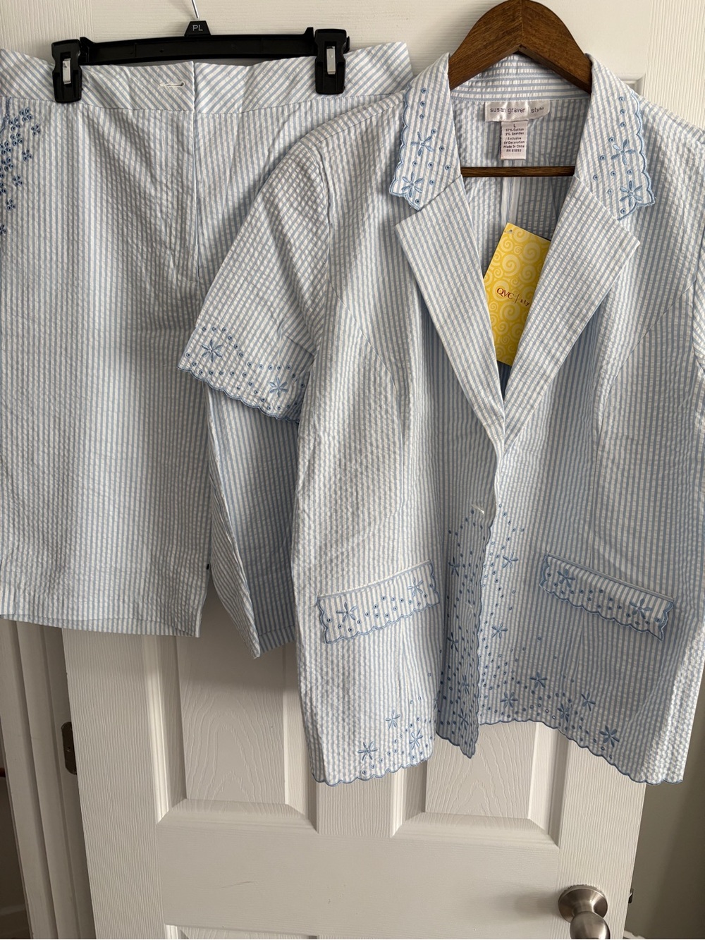 Susan Graver Light Blue & White Striped Seersucker Skirt and Blazer Set